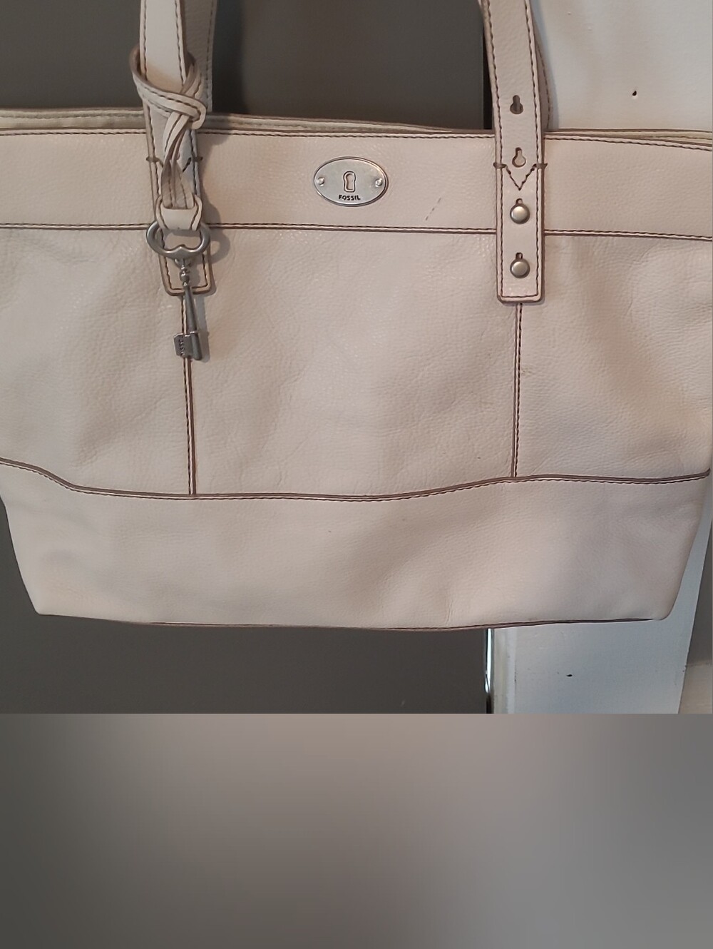 Fossil Cream Leather Tote with Brown Contrast Trim